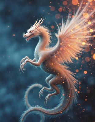 The primary subject of the image is a dragon, which is the main object, scene, or focus of the image. The dragon is depicted in a digital art style, with a blue background and a patterned texture. The dragon is surrounded by a bright, colorful, and luminous environment, which adds to the overall atmosphere of the image.